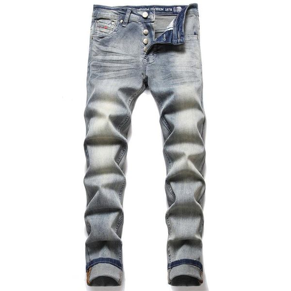 

men's jeans high street quality retro fashion motorcycle hip hop trousers novel mid-waist casual slim denim pants, Blue