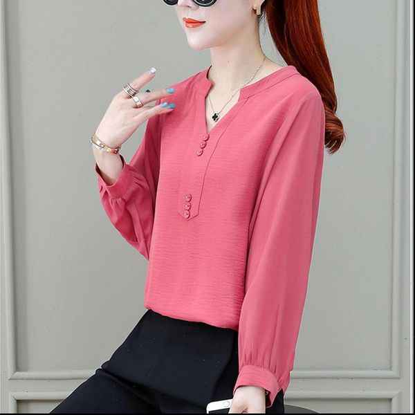 

womens spring summer style chiffon blouses shirt womens button v neck solid color long sleeve elegant slim dd8621, White