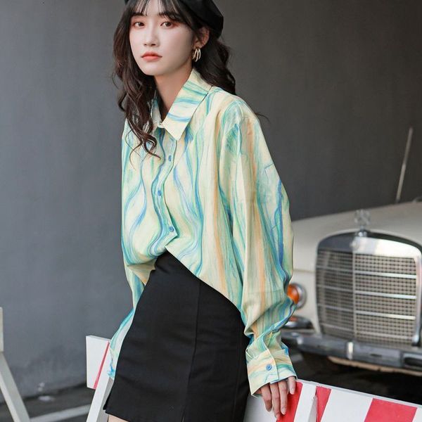 

2021 new pastel tie dye striped long sleeve shirt blouse summer blue purple designer shirts for women brand 78eb, White