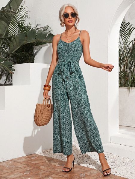 

allover plants print self belted cami jumpsuit 39vt#, White