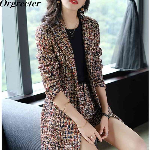 

elegant ladies colorful crochet tweed shorts suits women fall winter fashion two piece long sleeve jacket and set 210525, White