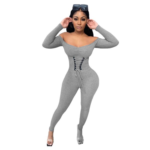 

womens autumn/winter off-the-shoulder bandage straps threaded jumpsuits bodysuit women fitted jumpsuit women, White