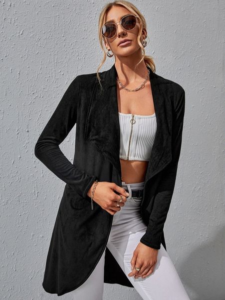 

solid suede waterfall collar trench coat 16xg#, Tan;black