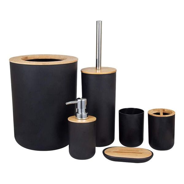 

bath accessory set bathroom accessories bamboo plastic kit toothbrush cup, soap dispenser, dish, toilet brush holder,trash can