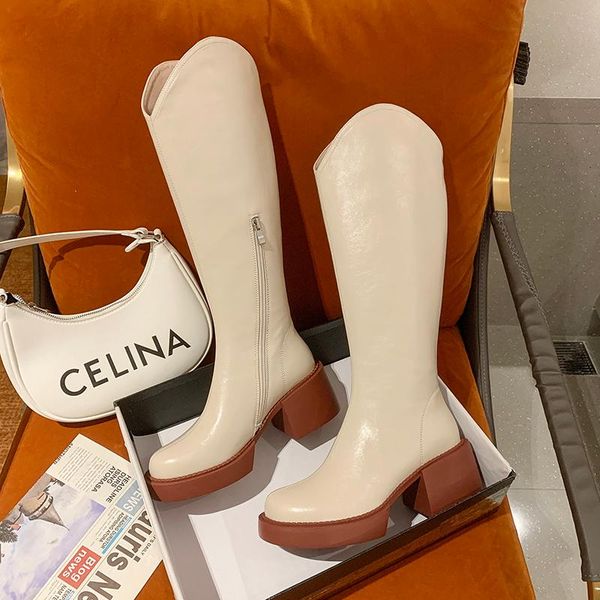 

boots white high ladies but knee 2021 winter thin thick heel retro square toe, Black