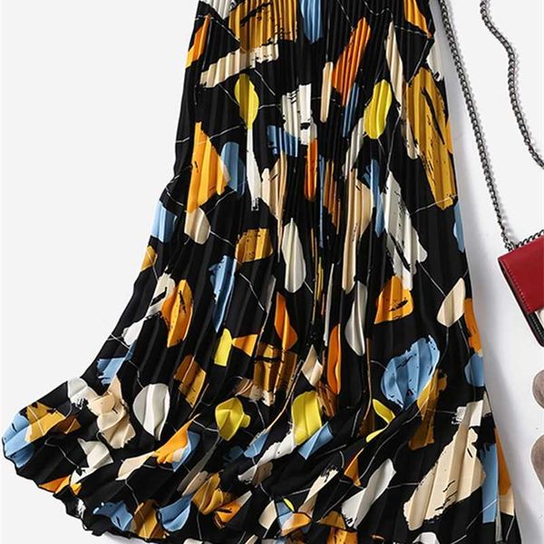 

tigena women midi skirt fall winter korean casual beautiful print a line high waist pleated long skirt female ladies 211120, Black