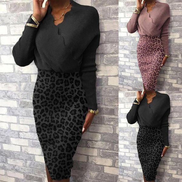 

casual dresses women autumn winter long sleeve v neck leopard patchwork bodycon party dress, Black;gray