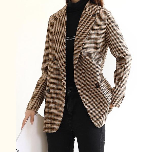 

2021 fashion vintage houndstooth women blazer sashes double-breasted plaid female suit jacket long sleeve pockets femme, White;black