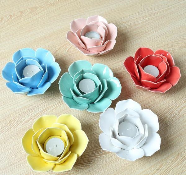 Keramik Lotus Blume Teelichthalter Handgemachte Blumenform Kerzenhalter für Hochzeit Home Rosa Weiß Gelb Blauer Cyan Großhandel