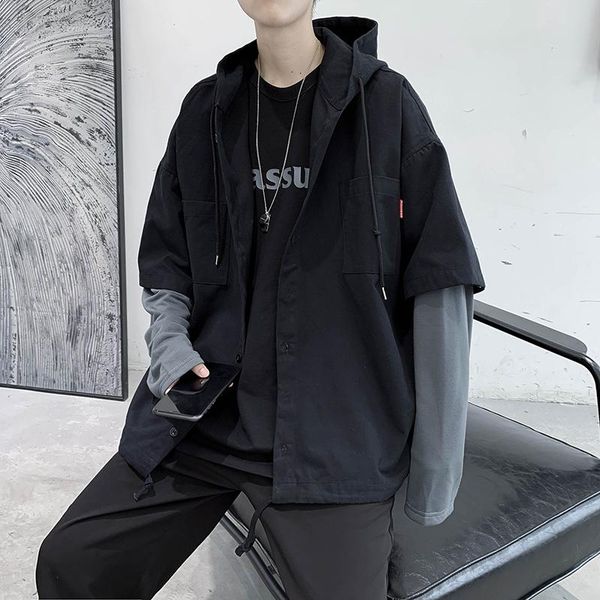 

men's hoodies & sweatshirts men's stitching fake two-piece hoodie korean casual fashion loose dark style harajuku streetwear cargo, Black