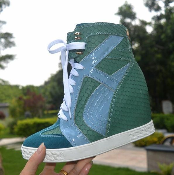 

boots girls 80 mm height increasing wedge shoes woman round toe lace up front zipper back casual ankle sneakers drop, Black