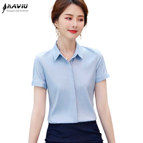 

naviu fashion chiffon shirt women short sleeve summer blue professional formal blouses 210604, White