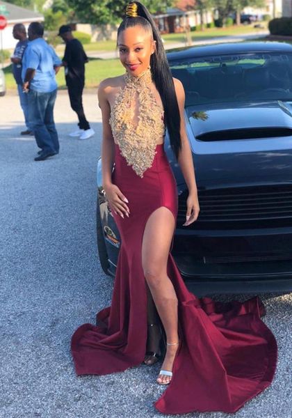 

halter neck split long mermaid evening dresses with appliques sweep train backless satin prom party gowns, Black;red