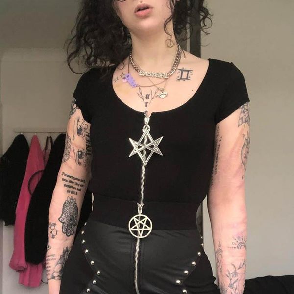 

summer women black crop star zipper short sleeve gothic solid basic lady short t shirts casual female, White