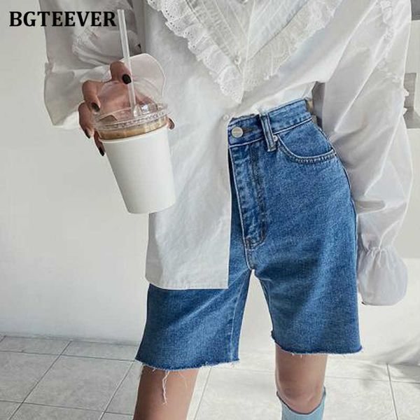 

bgteever casual summer half denim shorts for women high waist loose pockets female straight jeans shorts ladies streetwear 210616, Blue