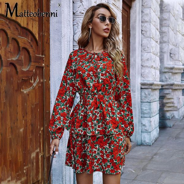 

2021 spring new women's clothing high waisted casual a-line long sleeve floral print ruffle mini short es c5cj, Black;gray