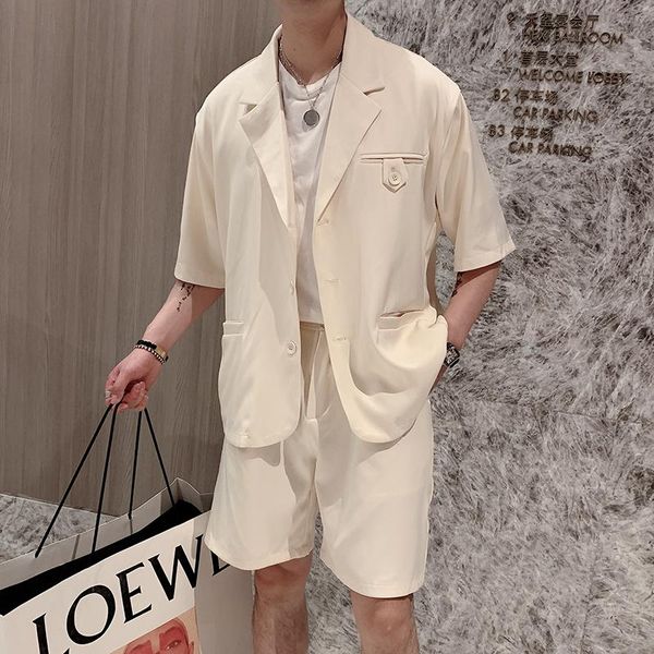 

men's tracksuits men suit set summer korean half sleeve blazer jacket plus shorts all match front button decor loose short sets, Gray