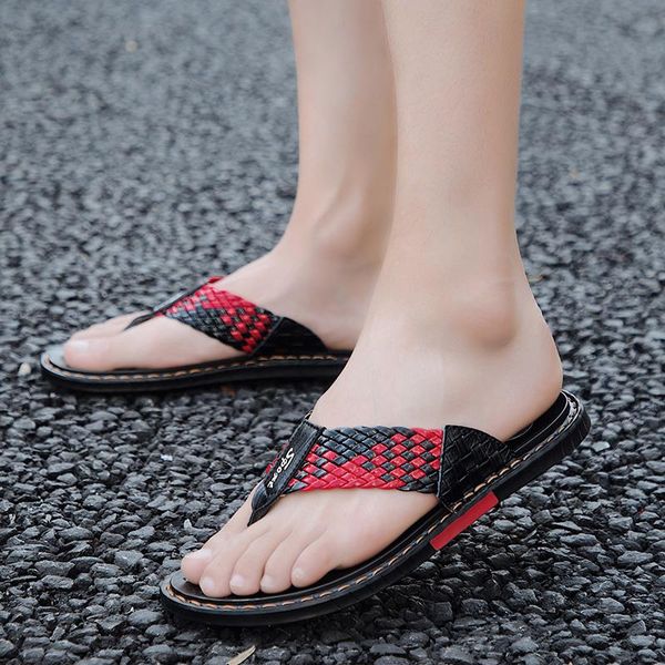 

slippers 2021 fashion man non-slip genuine leather outside summer flip flops beach men shoes zapatos hombre, Black