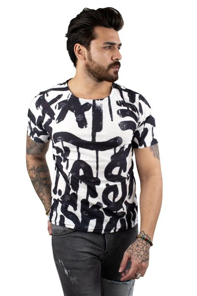 

men's t-shirts deepsea letter printed oval collar t-shirt 2100474, White;black