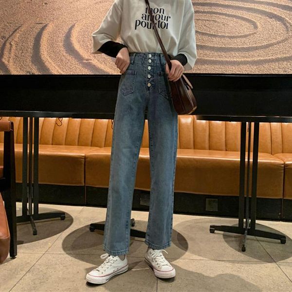 

women's jeans high waist women straight casual denim pants 2021 fashion single breasted korean style ankle-length jean p373, Blue