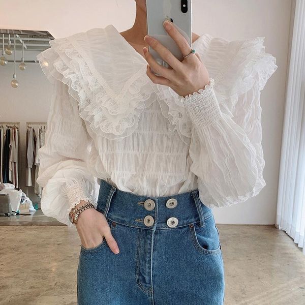 

women's blouses & shirts sannian women shirt 2021 fall lapel lace stitching wrinkled puff sleeve long clothes, White
