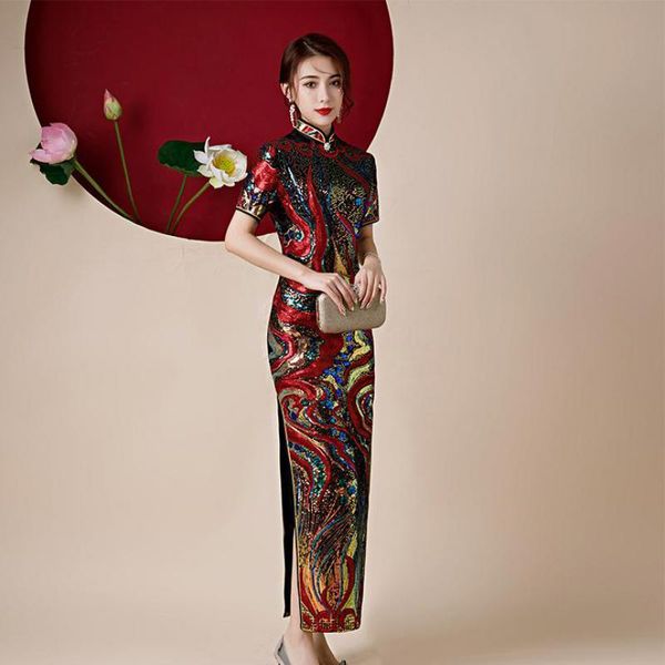 

ethnic clothing velour women qipao high split cheongsam plus size 3xl-6xl chinese party prom dress gown sequins mandarin collar vestido, Red