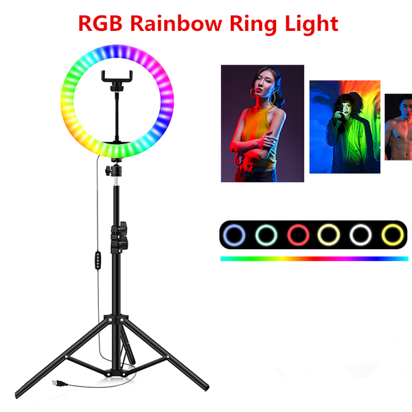 

flash heads 8 10 13 inch rgb rainbow ring light with tripod stand phone holder for makeup youtube video pography 26cm 33cm lamp shooting