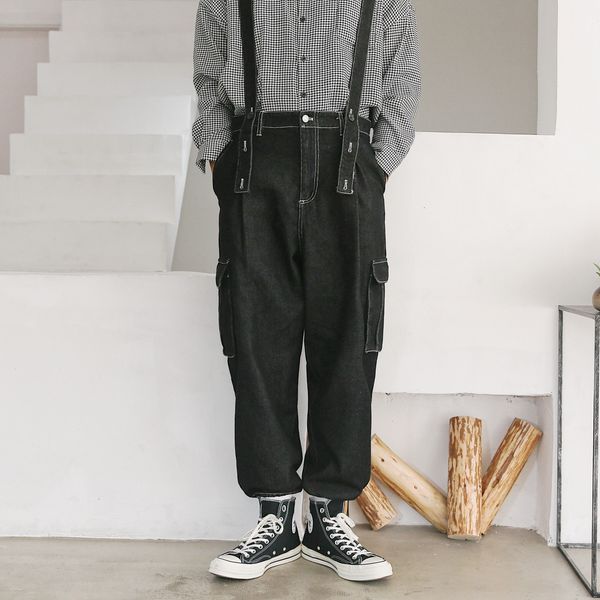 

2021 new men's loose work trousers salopettes romper jumpsuit male overalls black/blue mens casual pants wash jeans plus size m-2xl abx