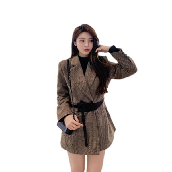 

women's suits & blazers autumn winter coats houndstooth vintage temperament wool blazer slim women commute double breasted thin female, White;black