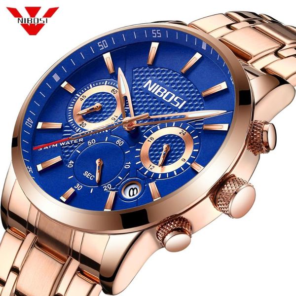 

wristwatches nibosi blue rose gold watch men fashion sport quartz mens watches full steel waterproof relogio masculino, Slivery;brown