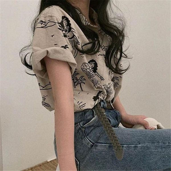 

women's blouses & shirts wakuta japanese casual loose short sleeve 2021 summer daily wear vintage temperament printing elegant, White
