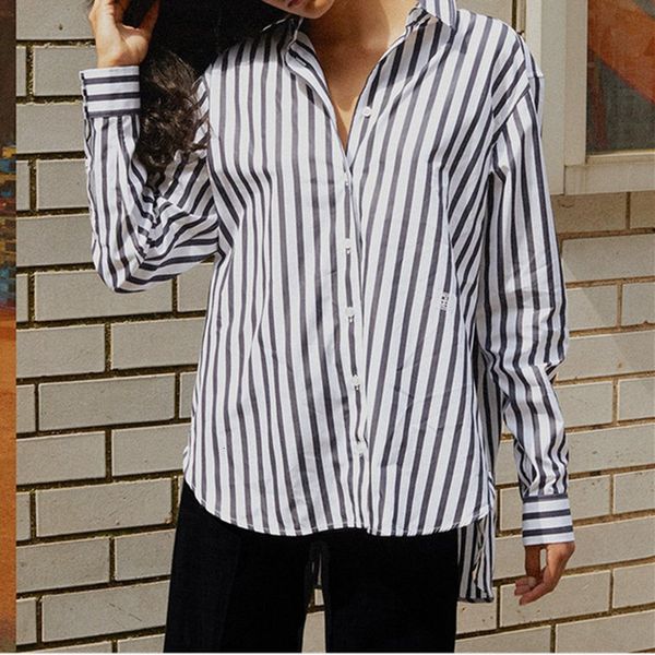 

2021 new listras verticais camisa feminina manga longa algodo solto silhueta turn-down collar bordado nico breasted escritrio senhoras, White