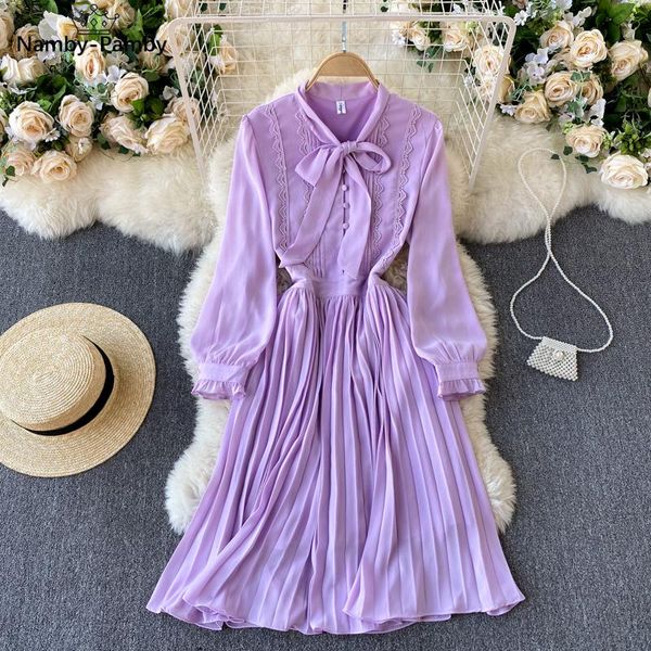 

casual dresses spring european american retro fashion vestidos women's lace v-neck puff sleeve pleated slim midi dress c512, Black;gray