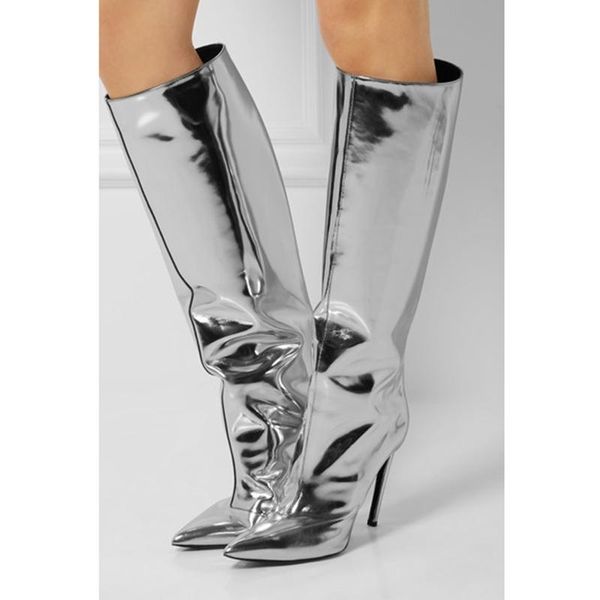 

boots sliver leather knee-high women winter pointed toe high heels party fashion shoes slip on thin heel dress, Black