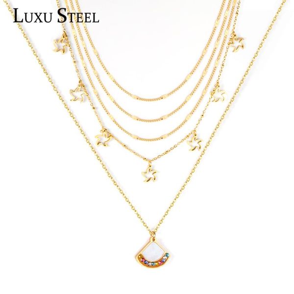 

chains luxusteel gold shell star cubic zirconia pendant necklace collars stainless steel multilayer wedding party, Silver