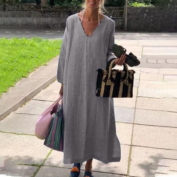 

casual dresses vintage solid maxi dress women's spring sundress zanzea 2021 long sleeve vestidos female v neck baggy robe plus size 5xl, Black;gray