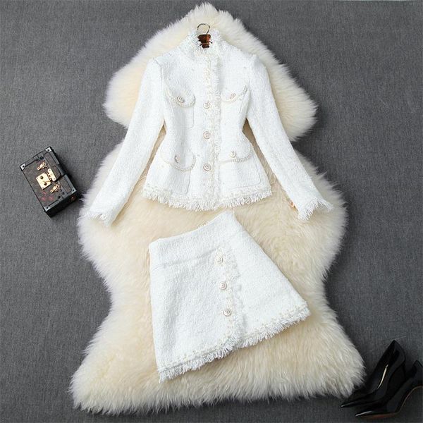 

two piece dress autumn winter women 2 suit long sleeve white pearls and pocket single breasted coat +tassel mini skirt luxury set