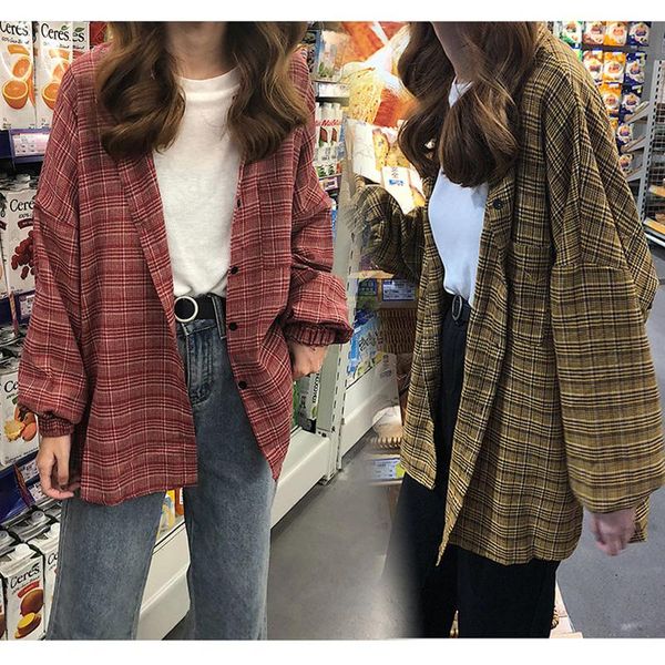 

2021 new women's airy retro plaid print shirt single breasted cardigan lapel plaid long sleeve button women's top, White