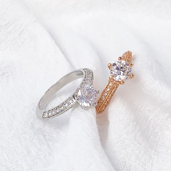 

promise eternal love bridal wedding rings for woman plated 18k prong setting zircon iced out ring fashion engagement jewelry women 2 colors, Slivery;golden