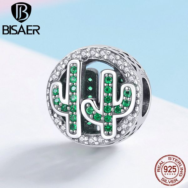 BISAER 925 Sterling Silver Cactus Charm Pianta Cactus Verde CZ Perline fit Braccialetti Braccialetti FAI DA TE Argento 925 Creazione di Gioielli ECC918 Q0531