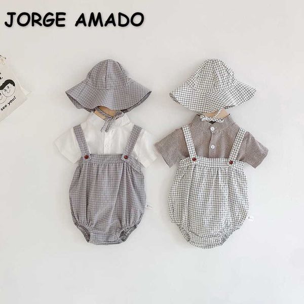 

summer kids girls 3-pcs sets solid color shirts + sling plaid bodysuit cap casual style children clothes e2193 210610, White