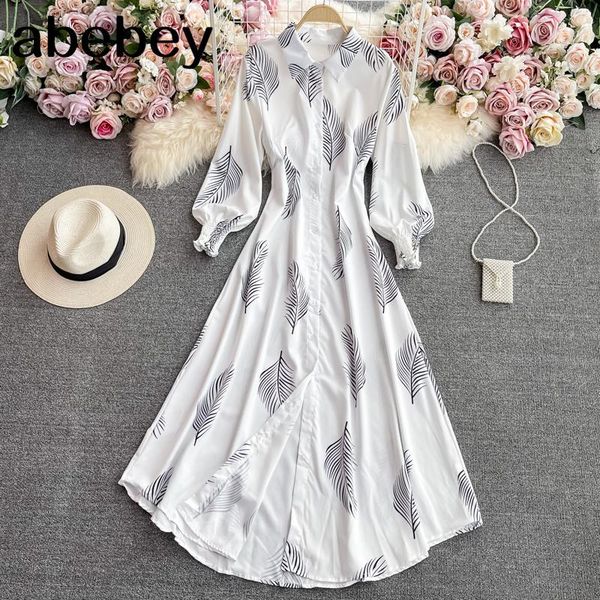 

casual dresses 2021 spring autumn korean turn down collar lantern sleeve dress single breasted high waist printed long a-line, Black;gray