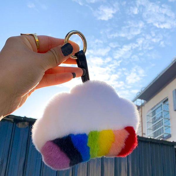 

keychains [rainbow a little cloud] super beautiful real rex hair rainbow clouds leather hanger handbag pendant keychain, Silver