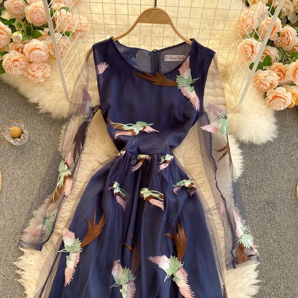 

Plus Size S-3xl Mesh-embroidered Bird Dress 2021boho Summer Elegant Party Girls'bathrobe High Quality Sleeve Maxi Long Dresses Aqen, Black;gray