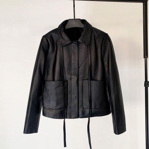 

women's leather & faux 2021 spring short jacket female sheepskin big pocket was thin locomotive tide, Black