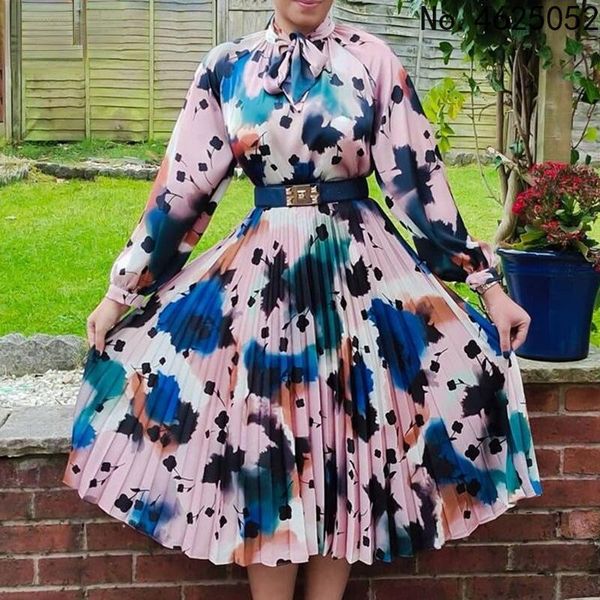 

ethnic clothing pleated african print dresses for women 2021 fashion bow long sleeve midi dress clothes dashiki robe africaine femme, Red