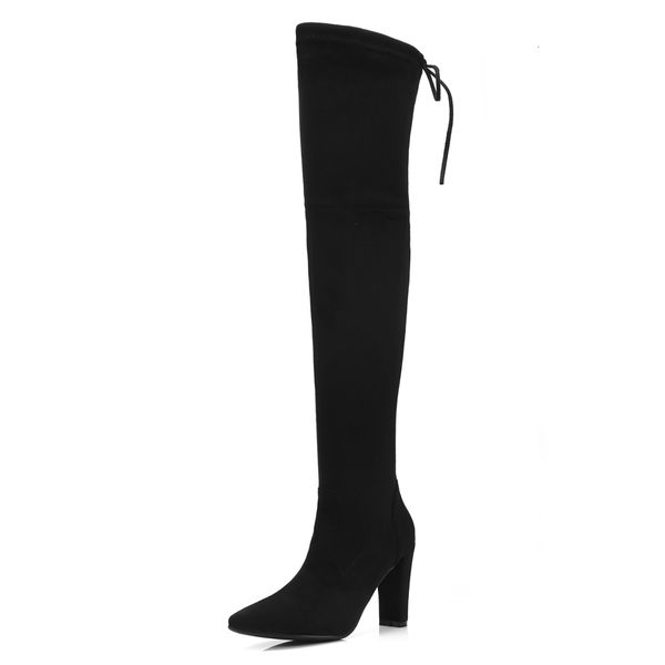 

camuroza pointed to toe chunky heel stretch lateral zipper initialization tube elastic woven high-heeled black-gray boots on the knee zq9i