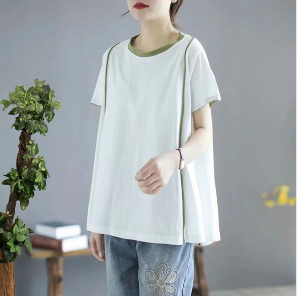 

women's t-shirt 2021 summer o-neck collar short sleeve panelled patchwork loose t-shirts women little stretch casual oversize female, White