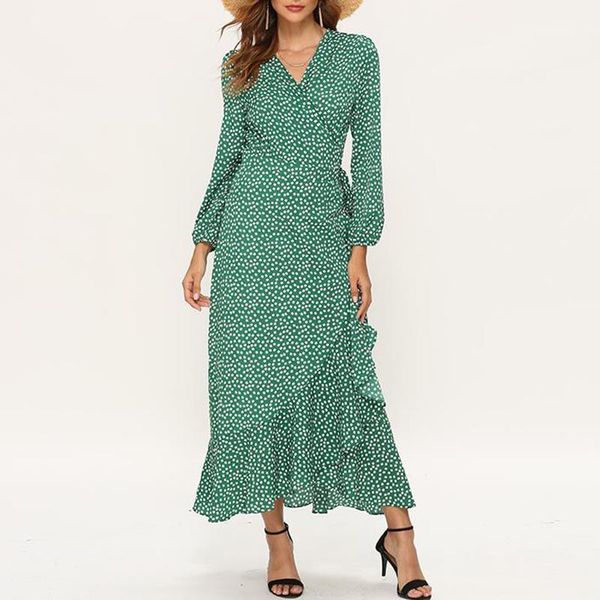 

casual dresses women long bohemian maxi beach dress sleeve ruffle vestidos mujer v neck split floral print autumn full, Black;gray