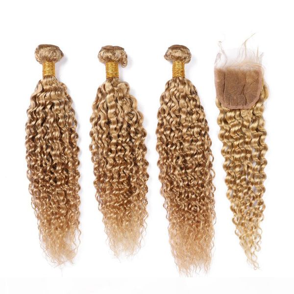 

strawberry blonde kinky curly peruvian hair bundles with closure #27 honey blonde kinkys curly human hair weaves with lace closure 4x4, Black